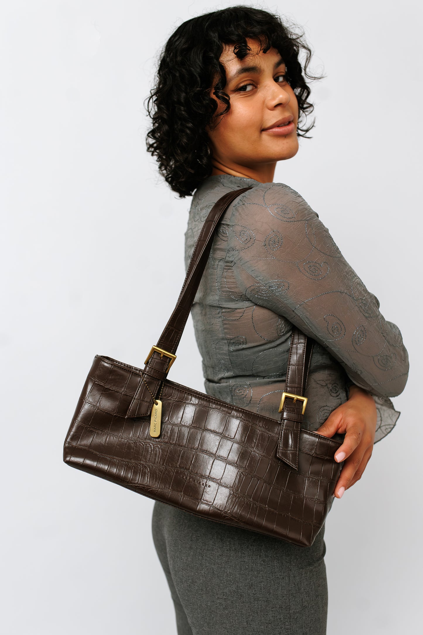 Schultertasche dunkelbraun Krokooptik